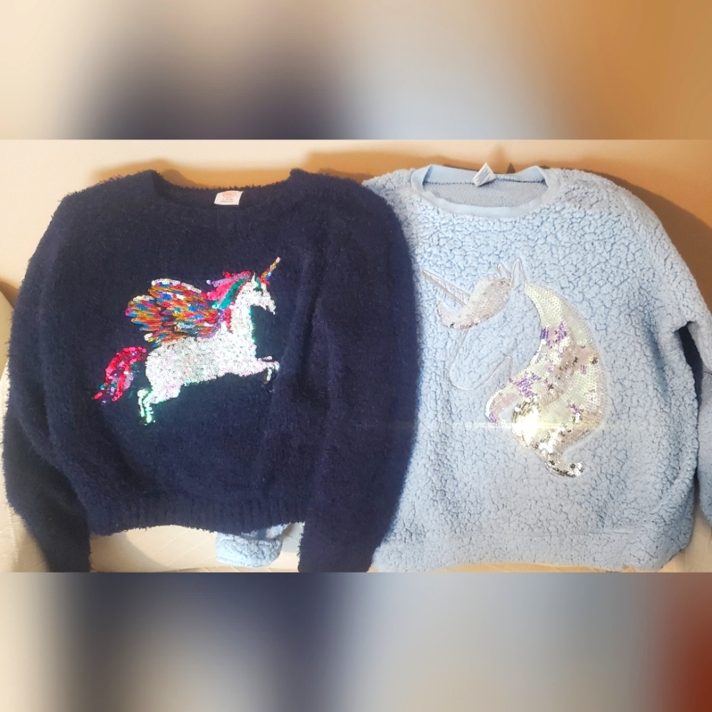 Arizona Girls Light Blue Soft & Wonder Nation Sequin Unicorn Sweater 10/12